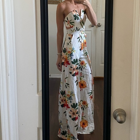 Fashion Nova white multicolor floral strapless cut outs wide leg jumpsuit - Picture 4 of 14